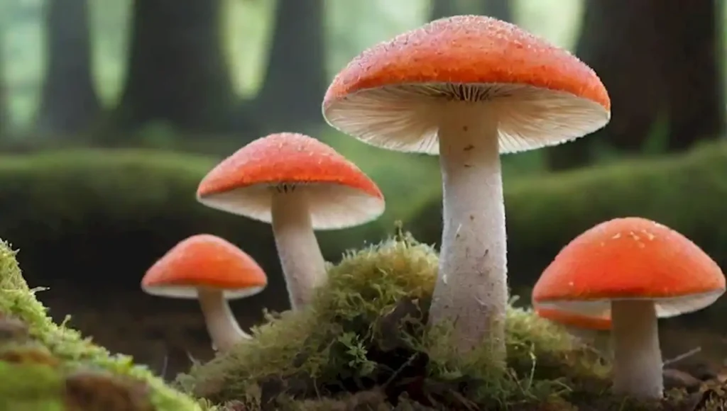 Setas vibrantes y diversas en un bosque iluminado.