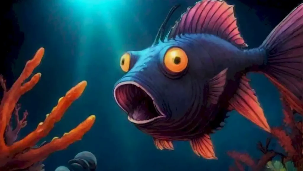 El fondo marino revela anglerfish bioluminiscentes y un entorno surrealista lleno de vida marina misteriosa.