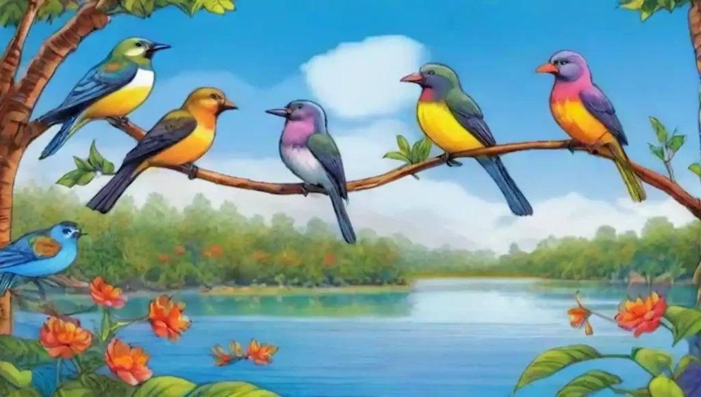 Aves coloridas interactúan en un bosque vibrante