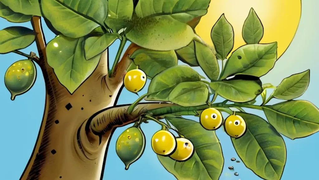 Un limonero saludable con fauna benéfica en un jardín soleado.