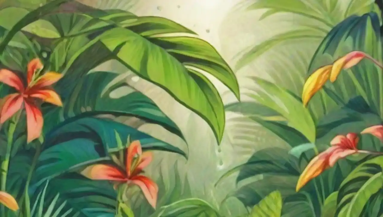 Escena tropical con hojas verdes, flores coloridas y ambiente acogedor.
