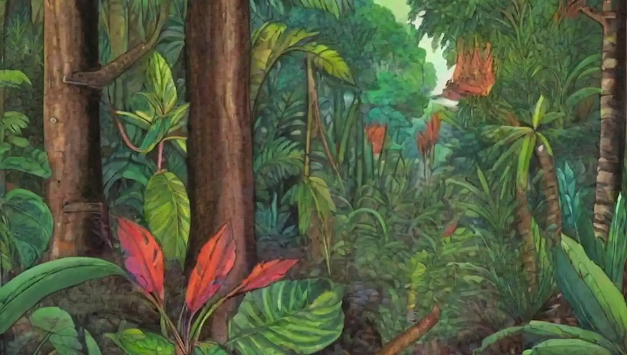 Escena de un bosque tropical que muestra la diversidad y la amenaza a las plantas por la extinción y el cambio climático.