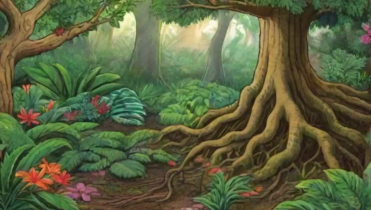 Un vibrante jardín tropical con vegetación diversa y luz suave.