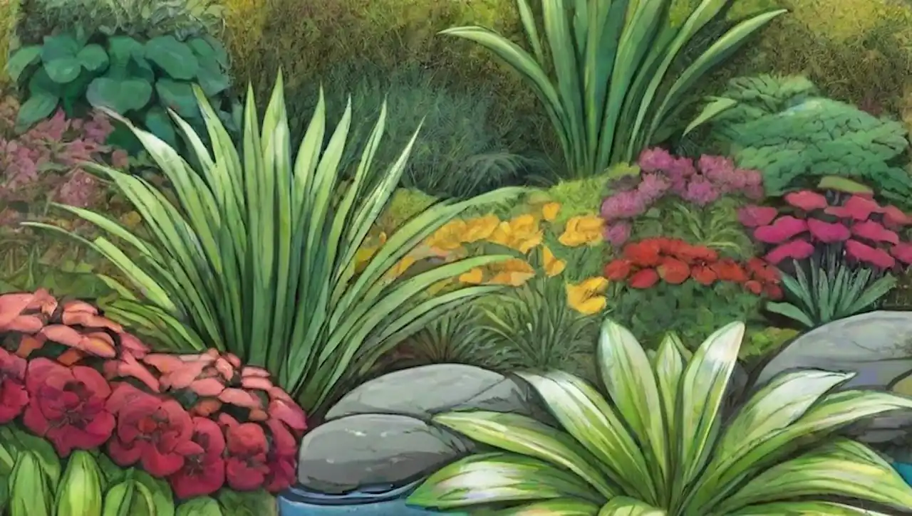 Jardín sereno con plantas verdes, flores coloridas y luz natural.