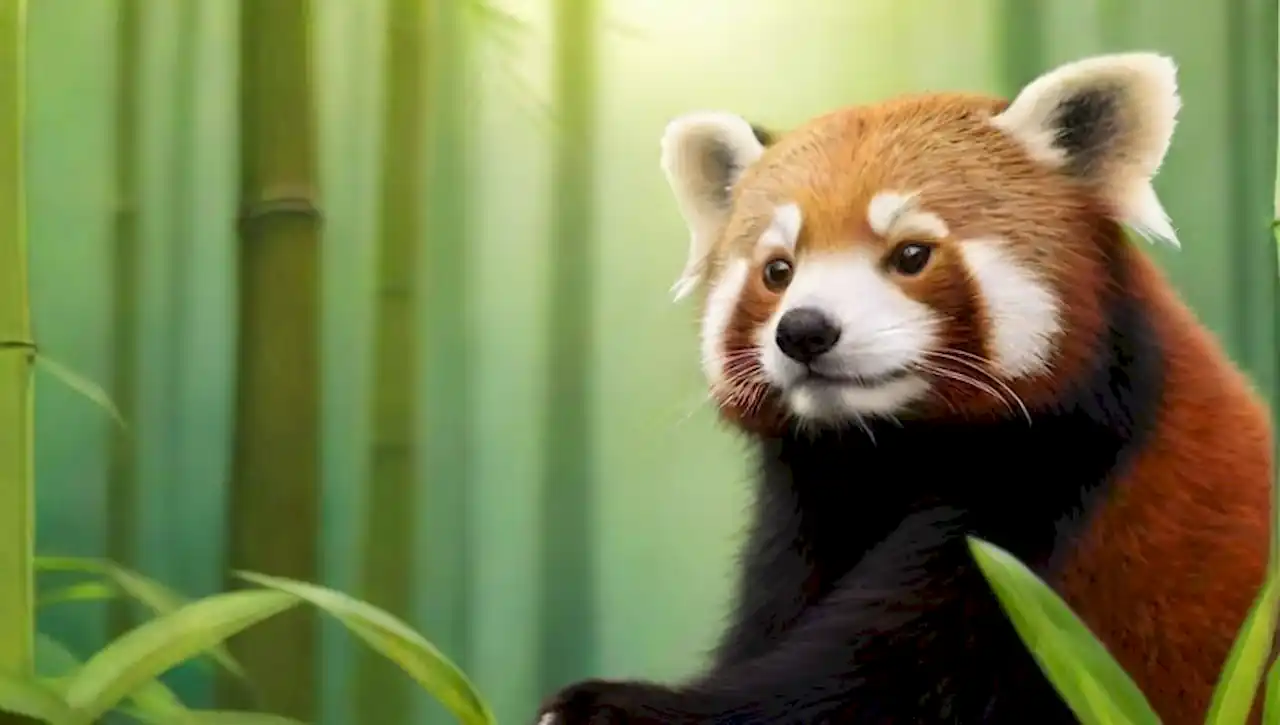 El panda rojo juega en un encantador bosque de bambú, lleno de color y serenidad.
