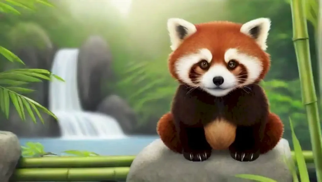Un sabio panda rojo medita en un sereno bosque de bambú.