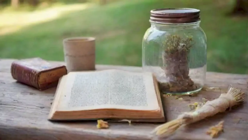 Mesa rústica rodeada de piedras y flores secas en un ambiente sereno.
