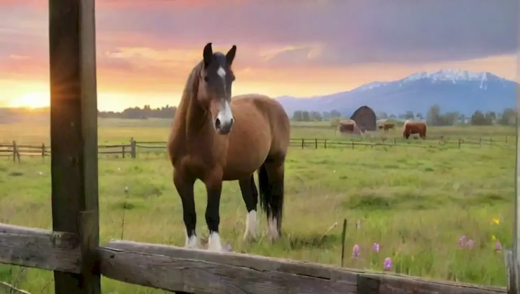 Un paisaje pastoral con majestuosos caballos en una hermosa armonía natural.