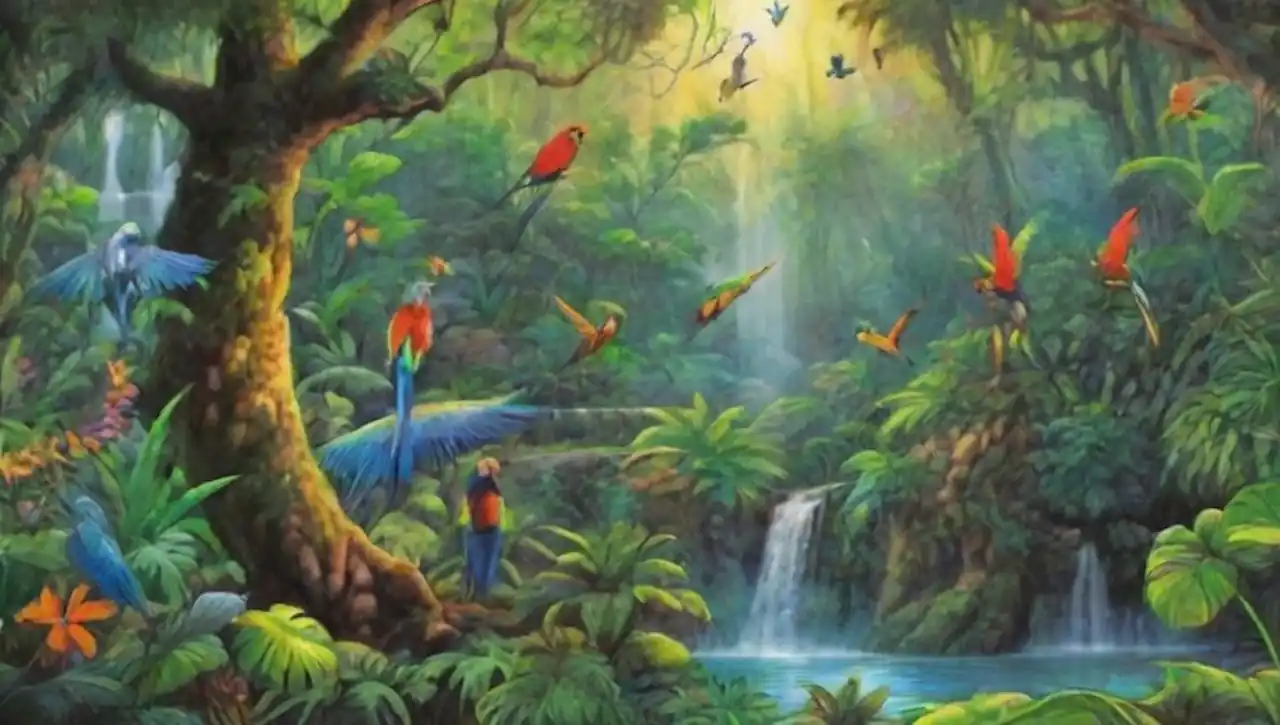 Selva vibrante llena de vida, con cascadas y una rica biodiversidad.