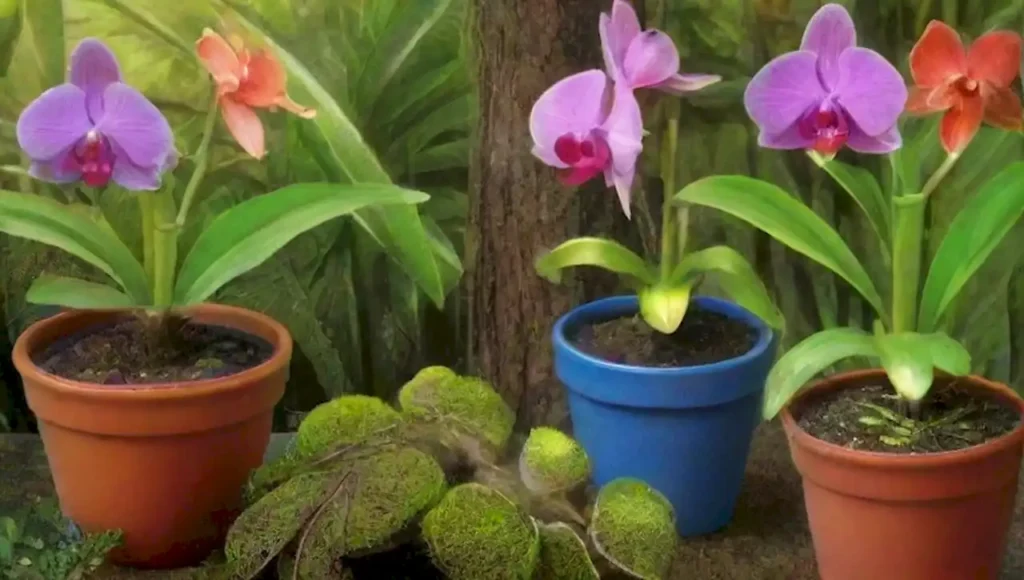 Orquídeas coloridas y hojas verdes brillan en un vibrante jardín tropical.
