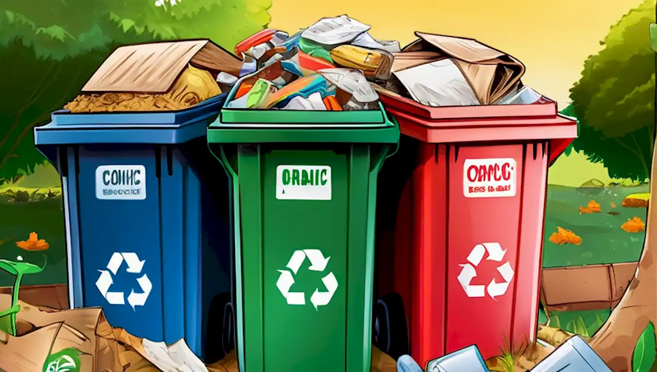 Bolsas de basura coloridas y alegóricas promueven la separación de residuos en una comunidad eco-amigable.