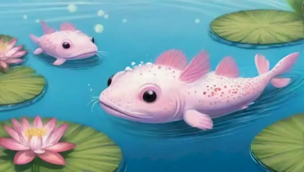 Axolotls coloridos juegan en un sereno lago lleno de vida aquática.