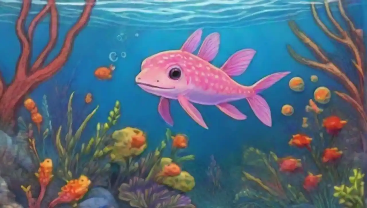 Axolotls coloridos nadan en armonía entre plantas acuáticas y corales en un ambiente sereno.