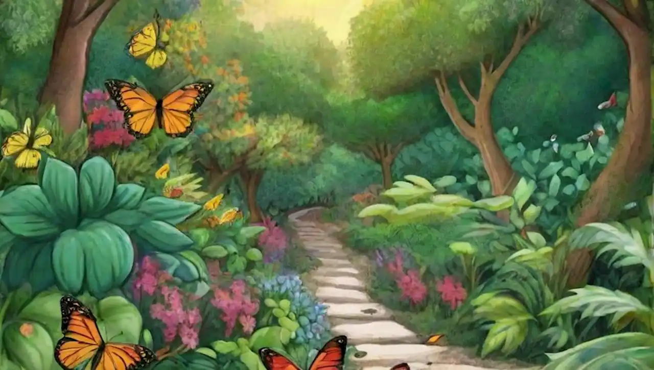Un jardín vibrante y armónico lleno de plantas, flores y vida.