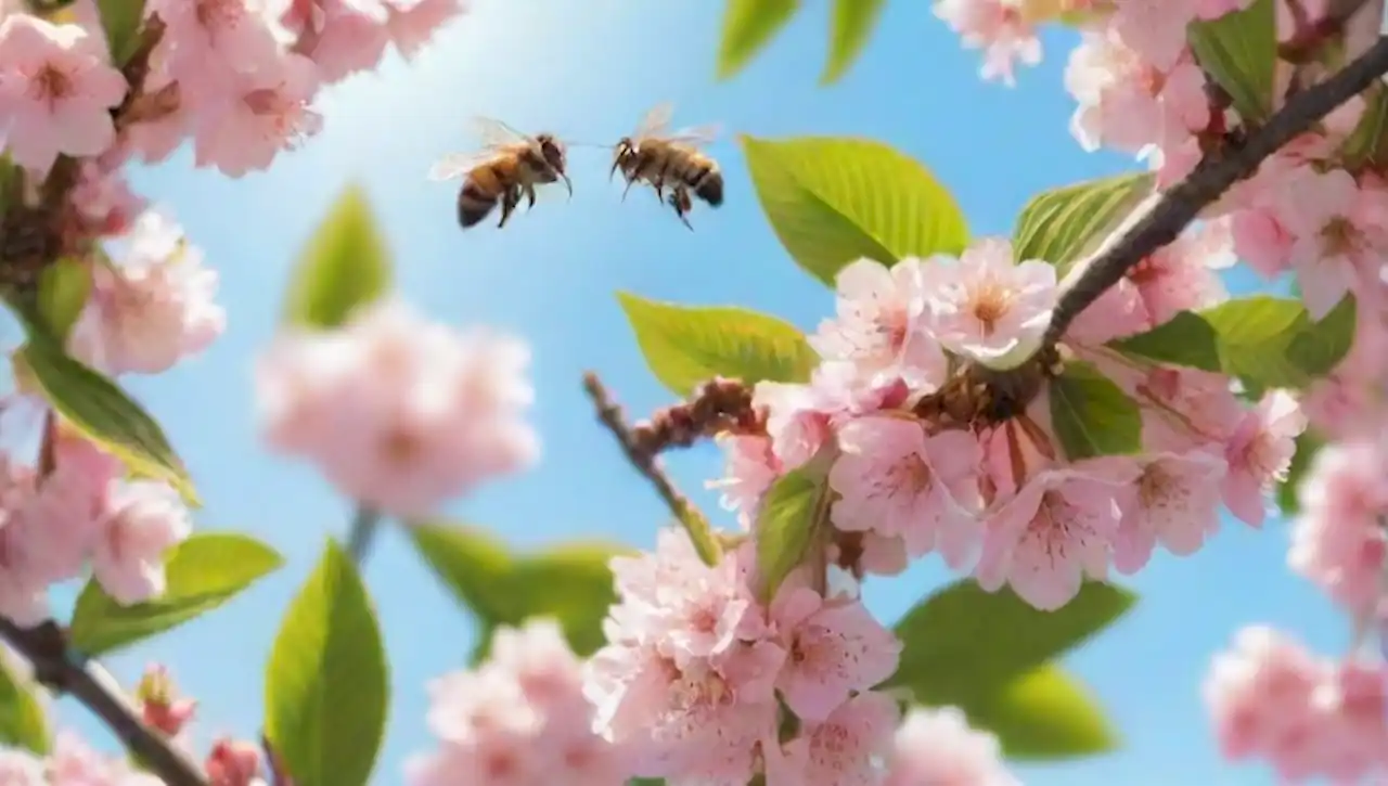 Un parque sereno lleno de cerezos en flor y naturaleza vibrante en primavera.
