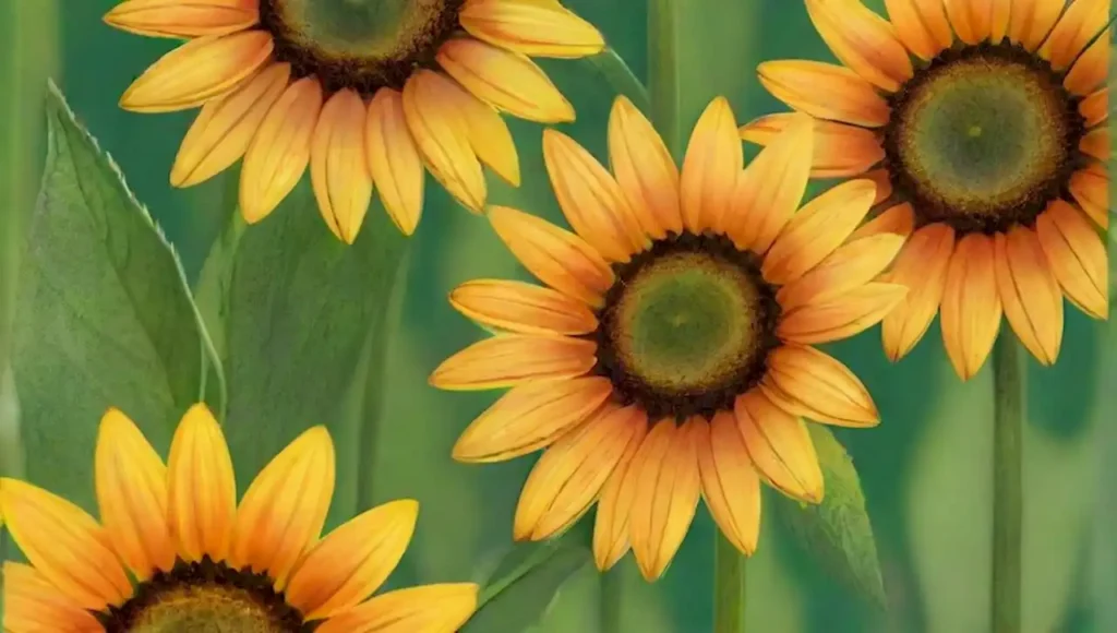 Diferentes tipos de girasoles con pétalos amarillos y hojas verdes en un alegre jardín.