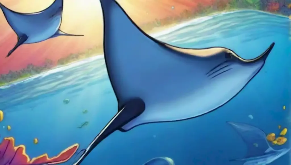 Rayas manta nadando en un océano colorido y sereno con corales y vida marina.