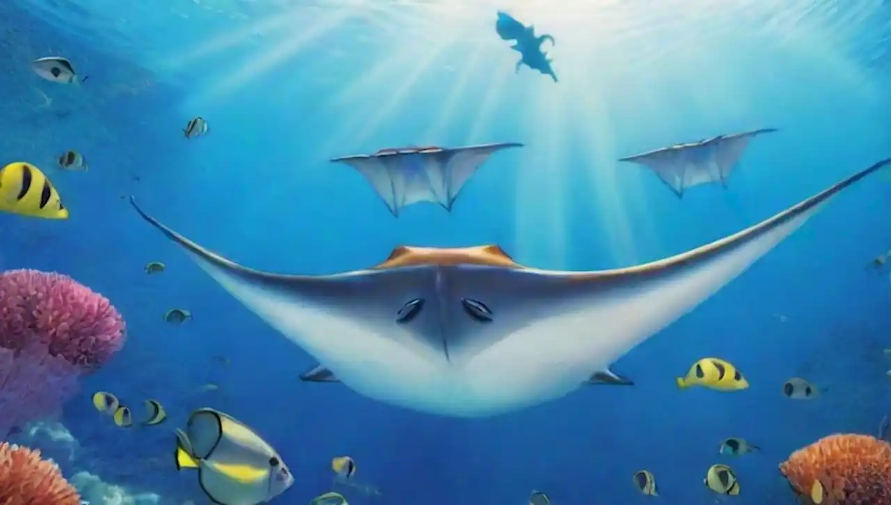 Rayas manta nadando en un vibrante arrecife coralino bajo la luz del sol.