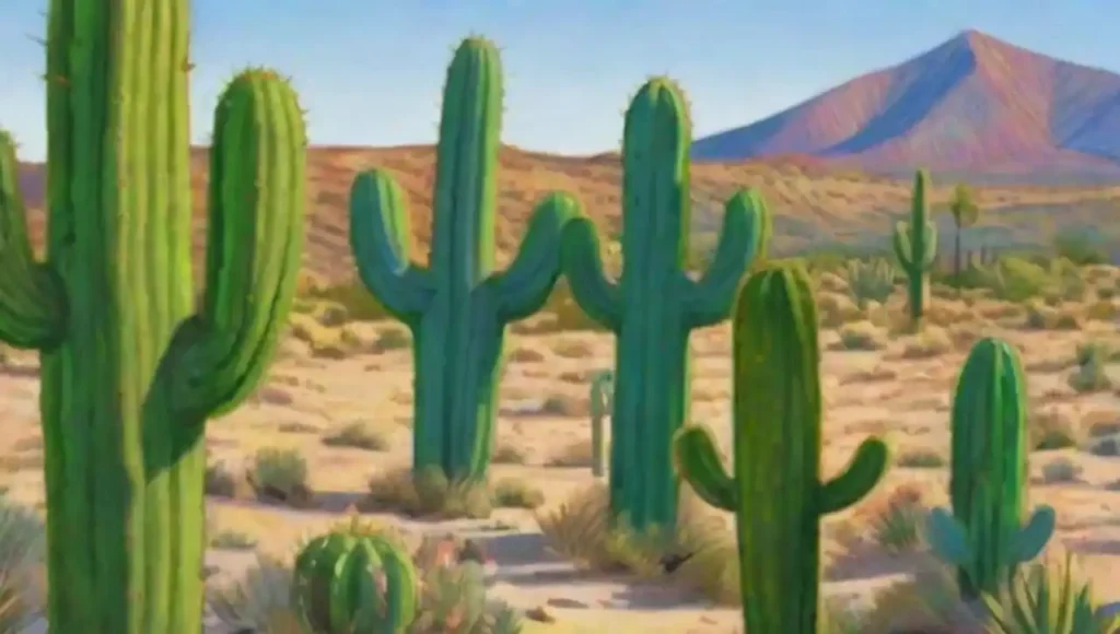 Nopales coloridos en un paisaje desértico vibrante y sereno.
