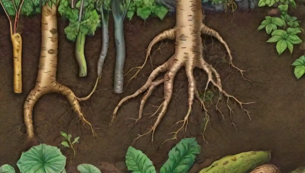 Ilustración botánica educativa de plantas subterráneas y ecosistemas vibrantes.