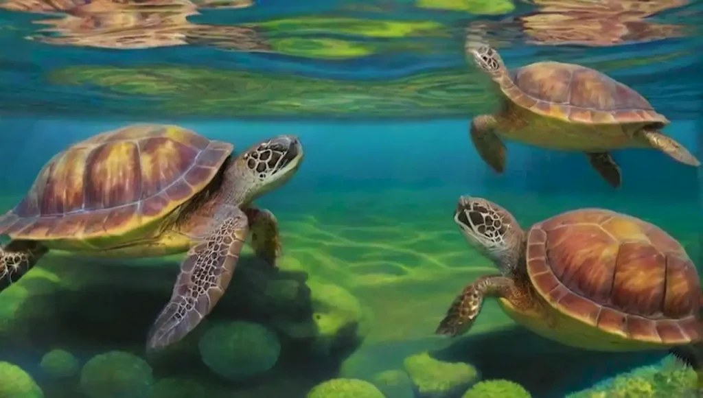 Tortugas acuáticas coloridas nadan en un sereno ambiente marino con corales vibrantes.