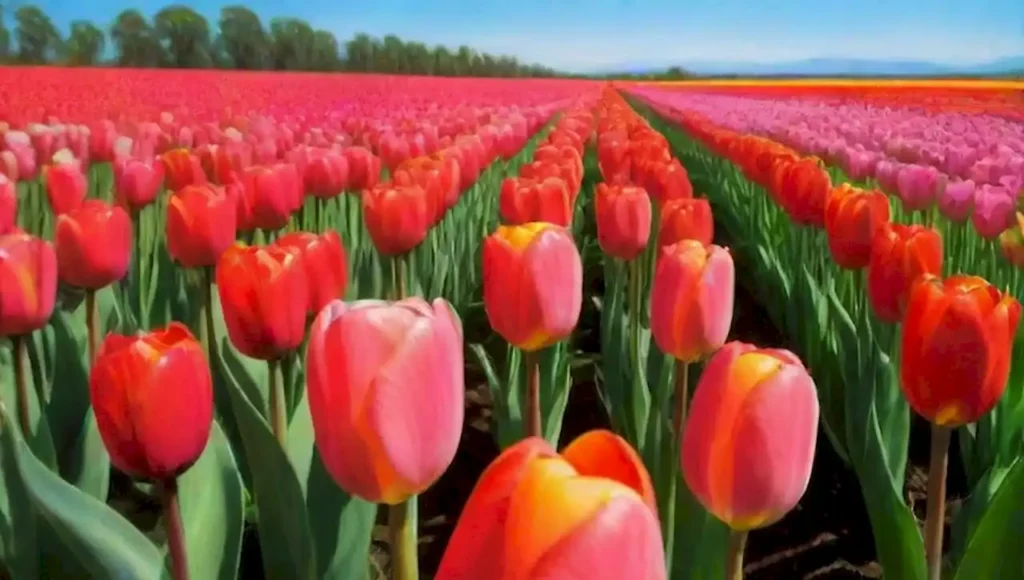 Campos vibrantes de tulipanes multicolores en un paisaje sereno de México.