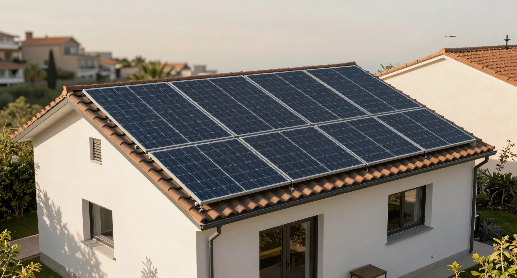 Vivienda con paneles solares en el tejado para aprovechar la energía solar