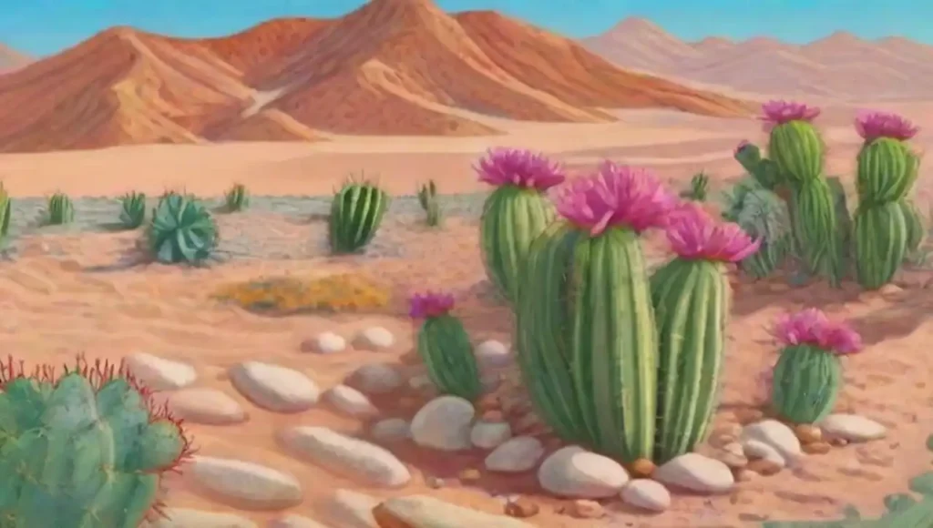 Cactus coloridos y flores delicadas contrastan con un árido paisaje desértico.